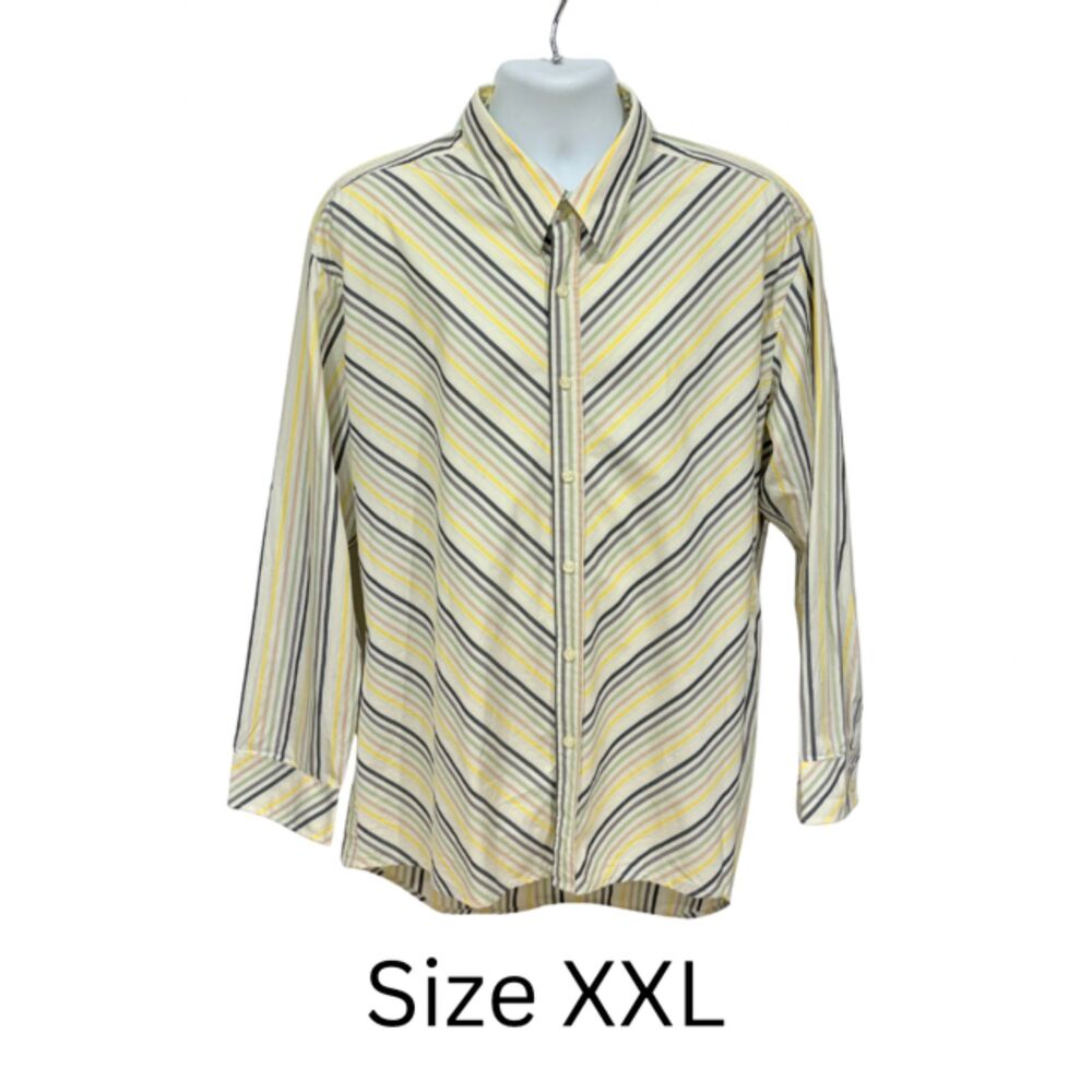 SQ Wear Men's XXL Cotton Multicolor Striped Long Sleeve Shirt Floral Trim
